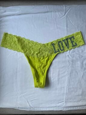 NWOT Vintage Rampage Neon Yellow Lace Thong Panty LOVE Rhinestone Back Size L
